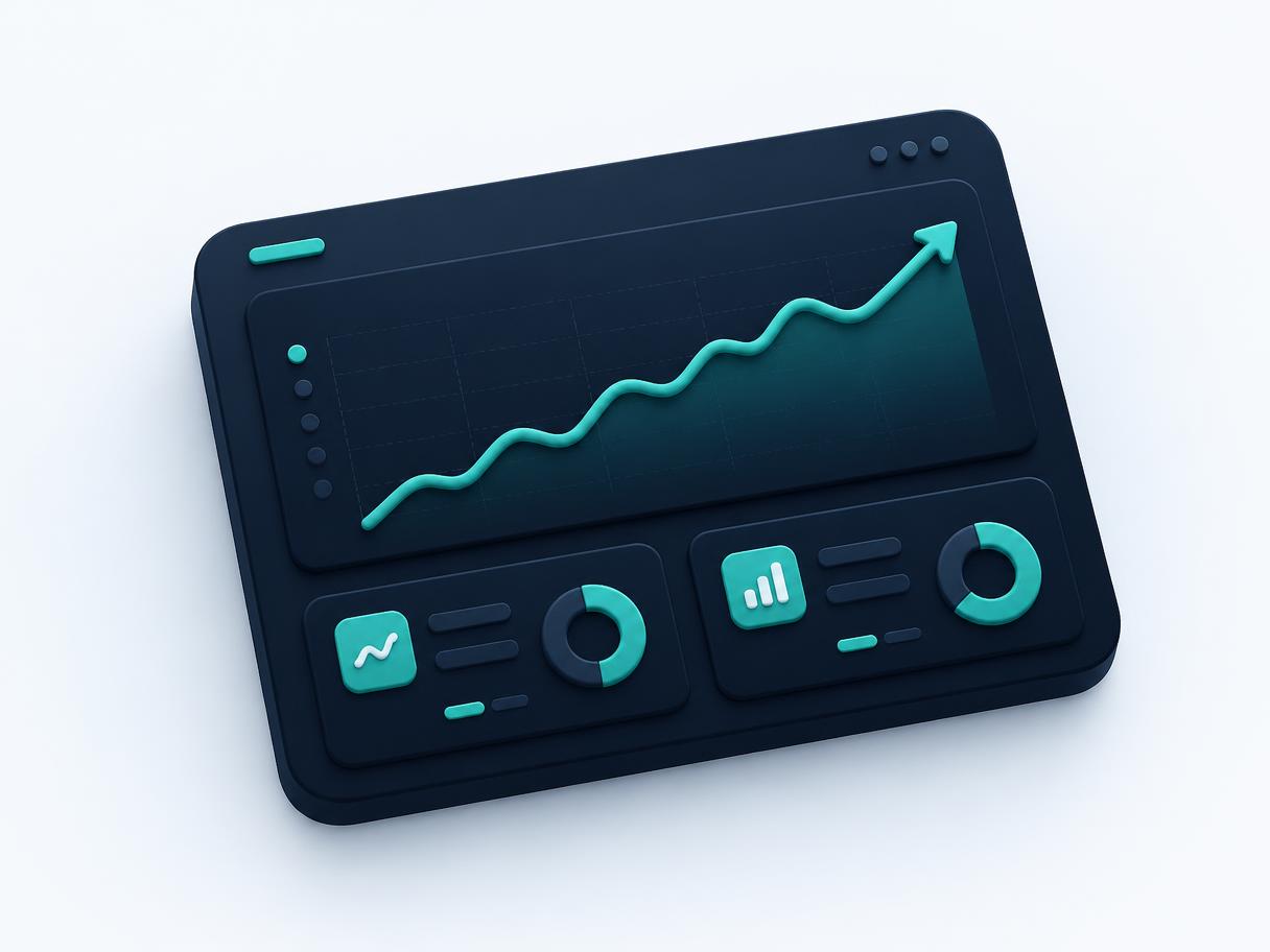 Illustration of a SAASMetricsHQ analytics dashboard with an MRR trend line and metric tiles