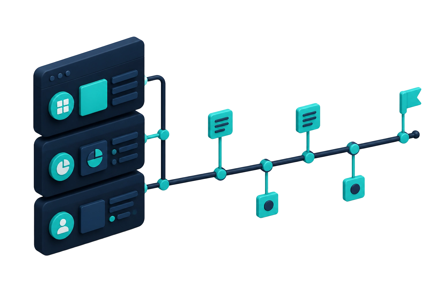 Illustration of a multi-app selector connected to a timeline with annotation notes for launches, pricing changes and incidents
